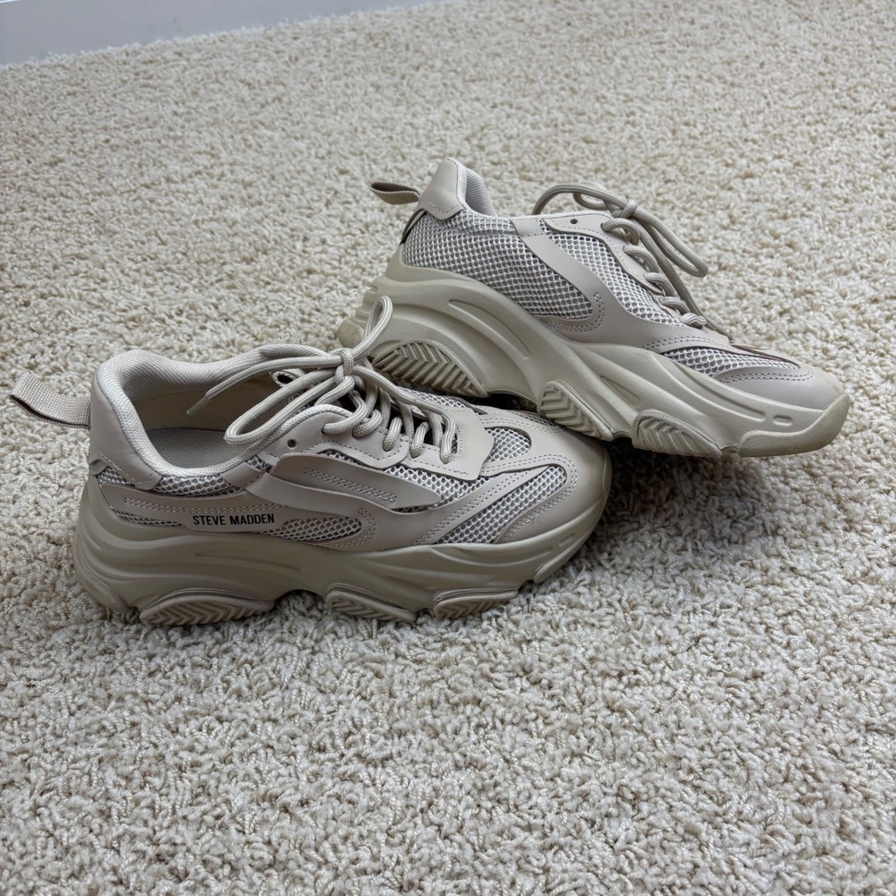 Steve Madden "POSSESSION"‎ Chunky Platform Sneakers Beige Mesh Size 7.5M - Picture 3 of 8